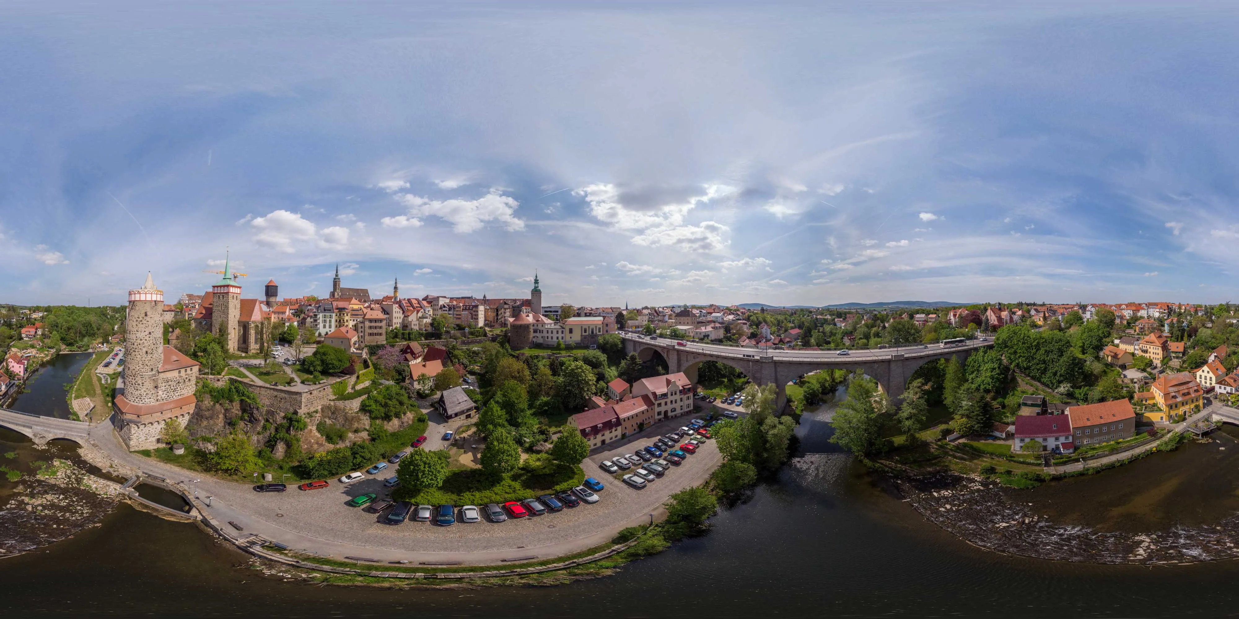 360 Grad Panorama Ansicht: Luftpanorama - Über dem Spreetal unterhalb der Alten Wasserkunst in Frühling 2019