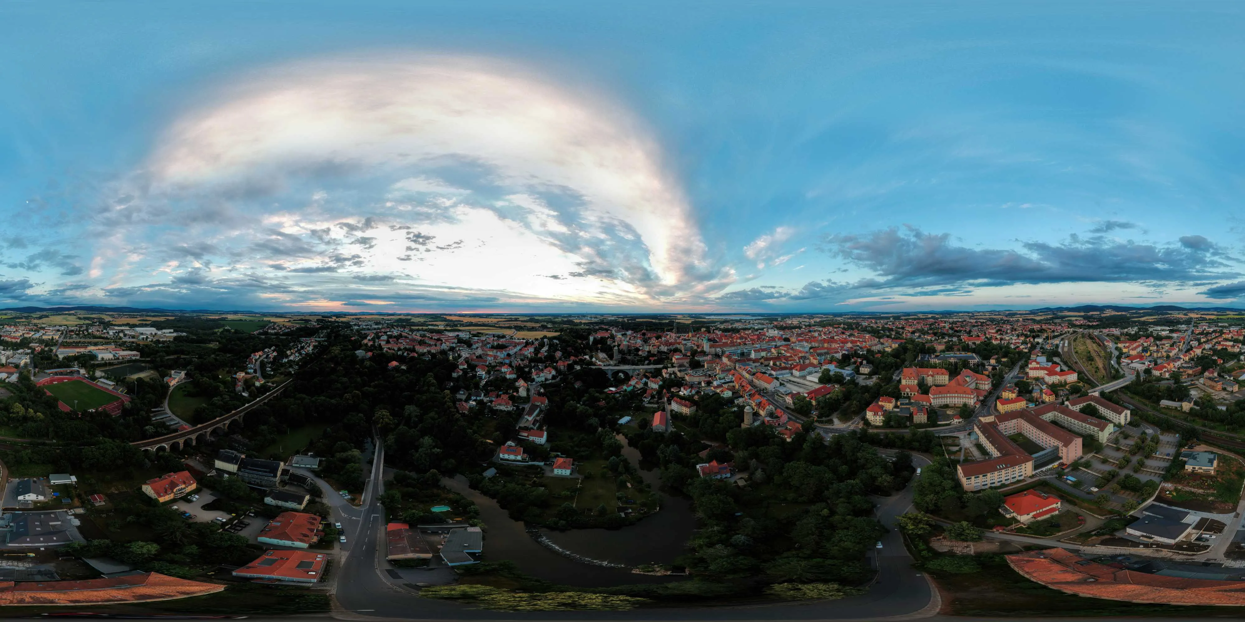 360 Grad Panorama Ansicht: Luftpanorama - Über dem Spreetal zur Abendstimmung in Sommer 2018