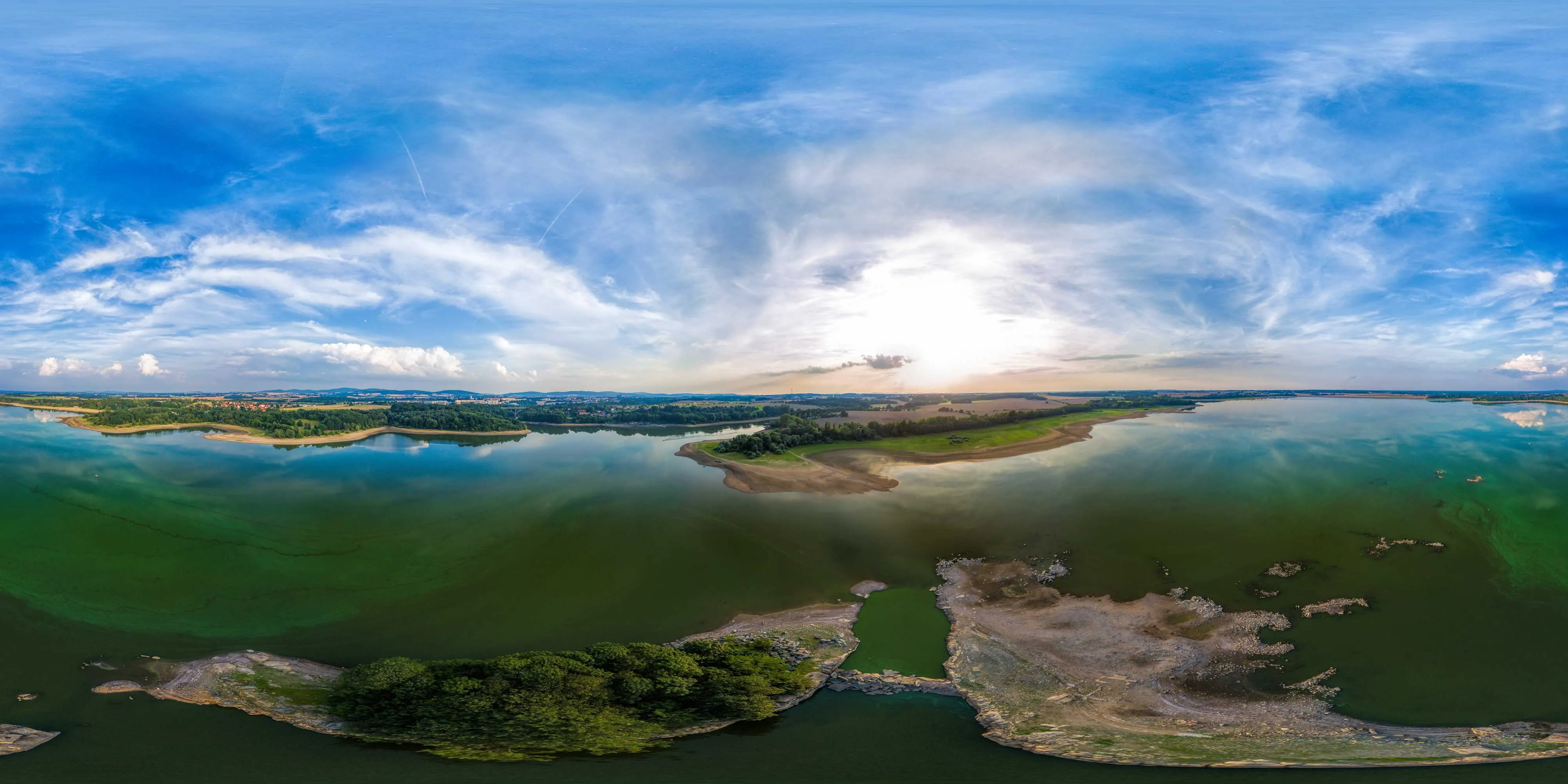 360 Grad Panorama Ansicht: Luftpanorama - die Vogelinsel im Bautzener Stausee in Sommer 2017