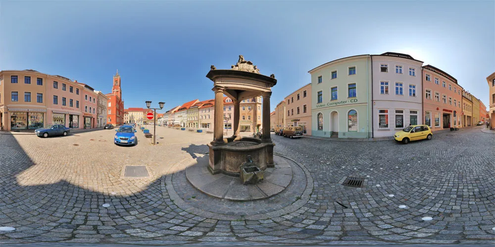 360° Panorama: Andreasbrunnen am Marktplatz in Kamenz