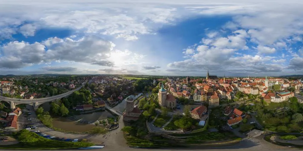 360° Panorama: Luftpanorama - Spreetal Bautzen im Abendlicht in Frühling 2016