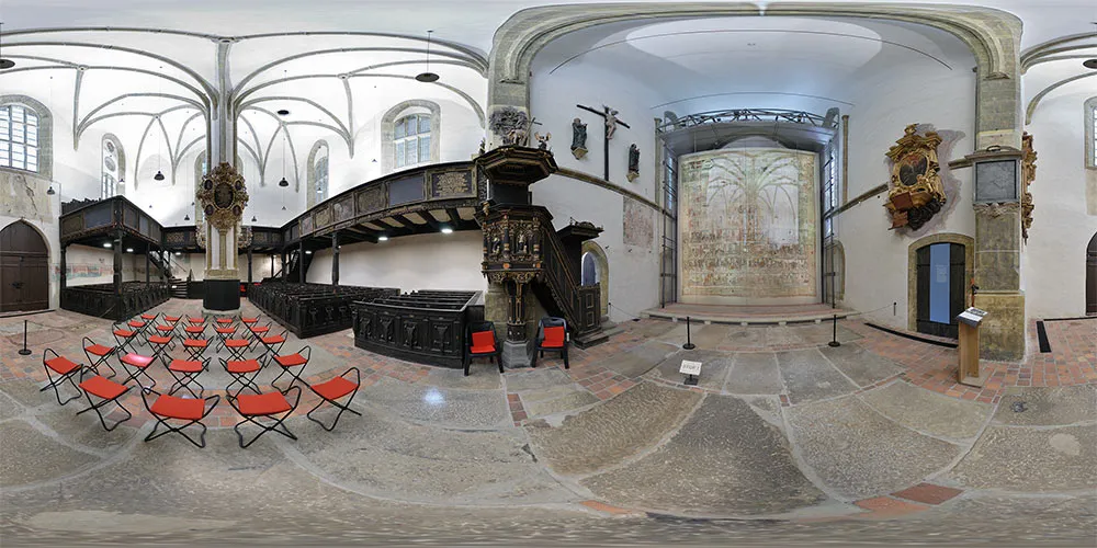 360° Panorama: Museum „Kirche zum Heiligen Kreuz“ mit dem "Großen Fastentuch" in Zittau