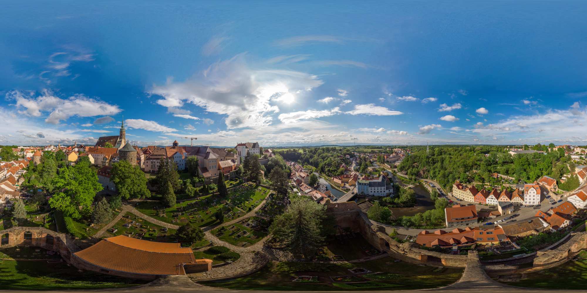Luftpanorama - Nicolaikirchruine und Friedhof