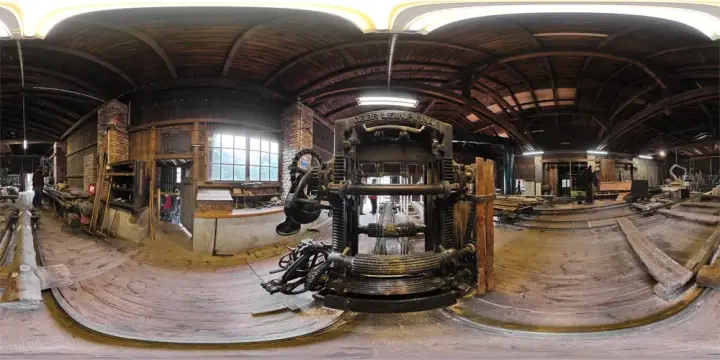 360° Panorama: Brettsäge in Sägemühle und Schleiferei Schade in Wasserkretscham